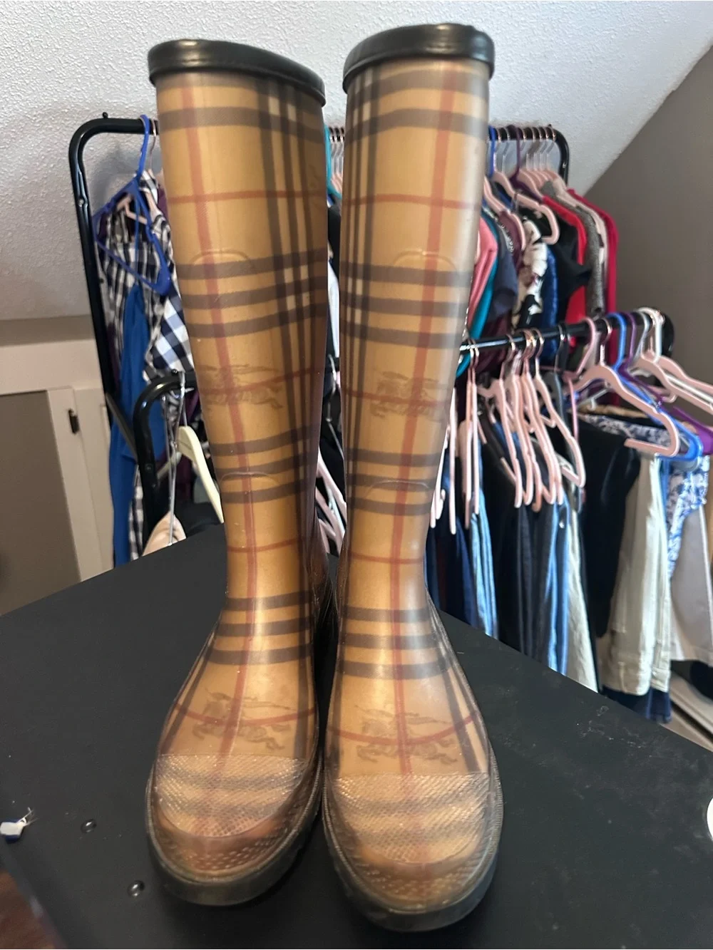 Burberry Tan Plaid Rubber Rain Boots